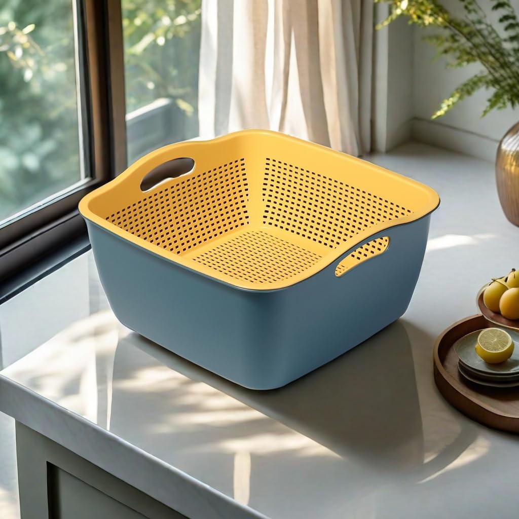 Kitchen Colander Drain Basin 2 in 1 Plastic Basket Strainer Bowl (Blue/Yellow), large