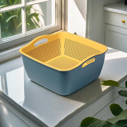 Kitchen Colander Drain Basin 2 in 1 Plastic Basket Strainer Bowl (Blue/Yellow), large