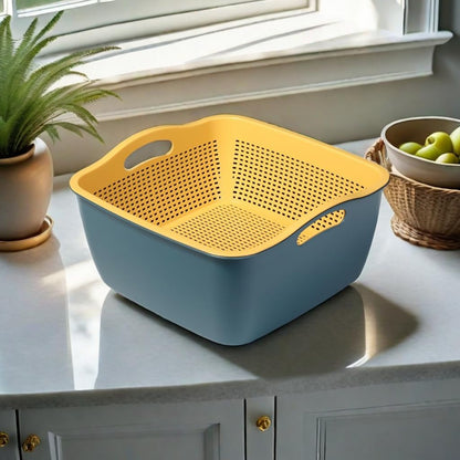 Kitchen Colander Drain Basin 2 in 1 Plastic Basket Strainer Bowl (Blue/Yellow), large