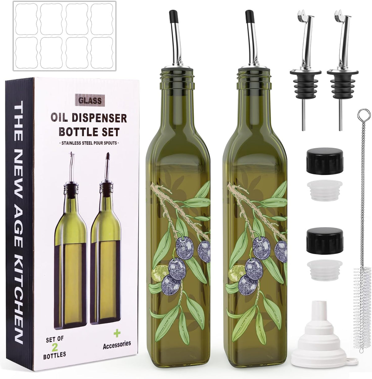 Oil and Vinegar Dispenser Set - 17oz/500ML Premium Glass Olive Oil Dispenser Bottles for Kitchen, Oil Dispenser for Kitchen (Olive)