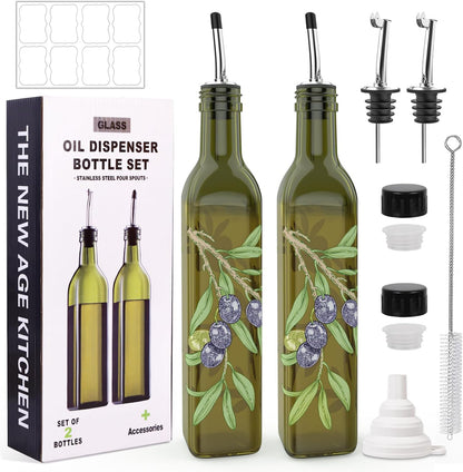 Oil and Vinegar Dispenser Set - 17oz/500ML Premium Glass Olive Oil Dispenser Bottles for Kitchen, Oil Dispenser for Kitchen (Olive)