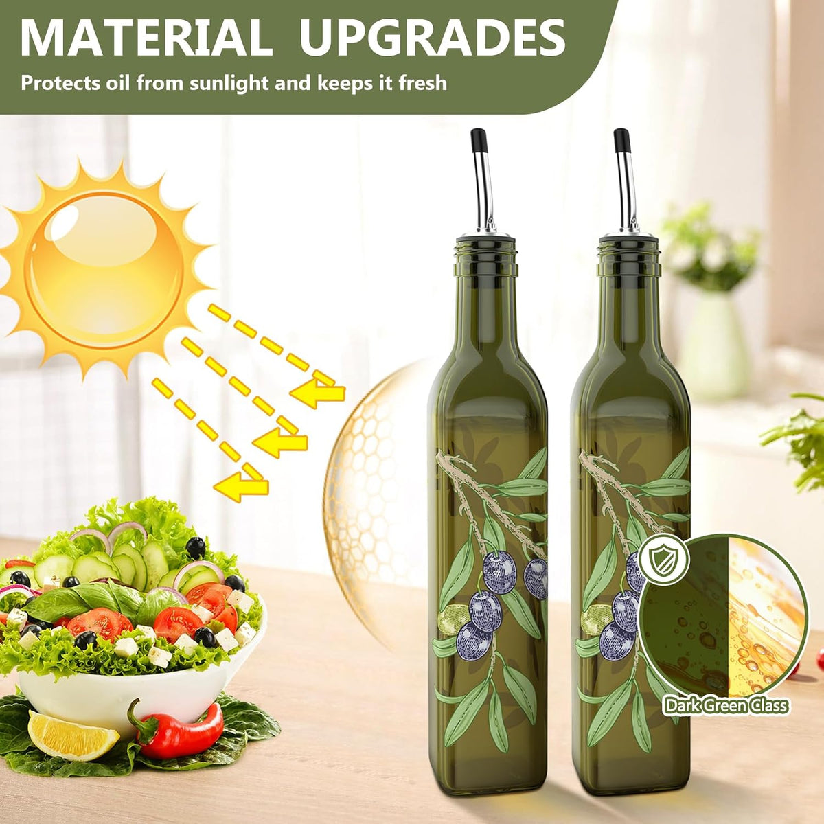 Oil and Vinegar Dispenser Set - 17oz/500ML Premium Glass Olive Oil Dispenser Bottles for Kitchen, Oil Dispenser for Kitchen (Olive)