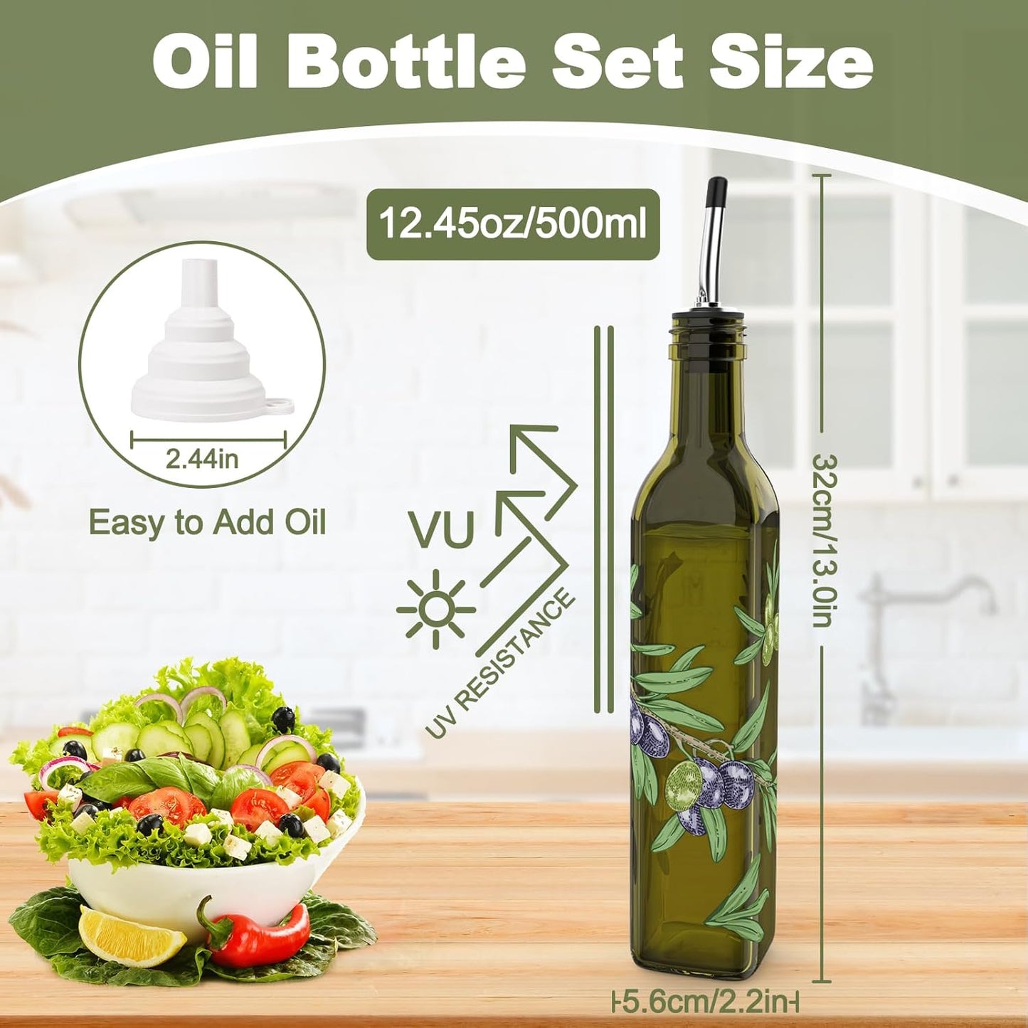 Oil and Vinegar Dispenser Set - 17oz/500ML Premium Glass Olive Oil Dispenser Bottles for Kitchen, Oil Dispenser for Kitchen (Olive)