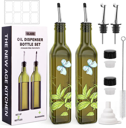 Oil and Vinegar Dispenser Set - 17oz/500ML Premium Glass Olive Oil Dispenser Bottles for Kitchen, Oil Dispenser for Kitchen (Olive)