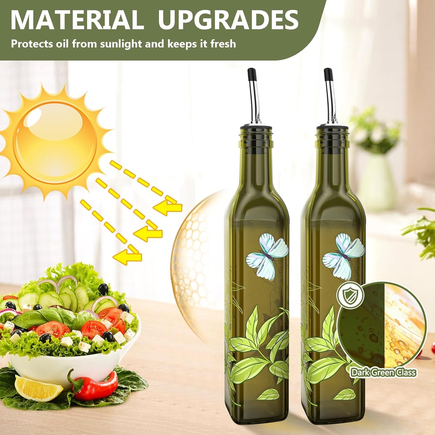 Oil and Vinegar Dispenser Set - 17oz/500ML Premium Glass Olive Oil Dispenser Bottles for Kitchen, Oil Dispenser for Kitchen (Olive)