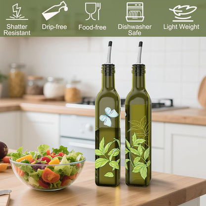 Oil and Vinegar Dispenser Set - 17oz/500ML Premium Glass Olive Oil Dispenser Bottles for Kitchen, Oil Dispenser for Kitchen (Olive)