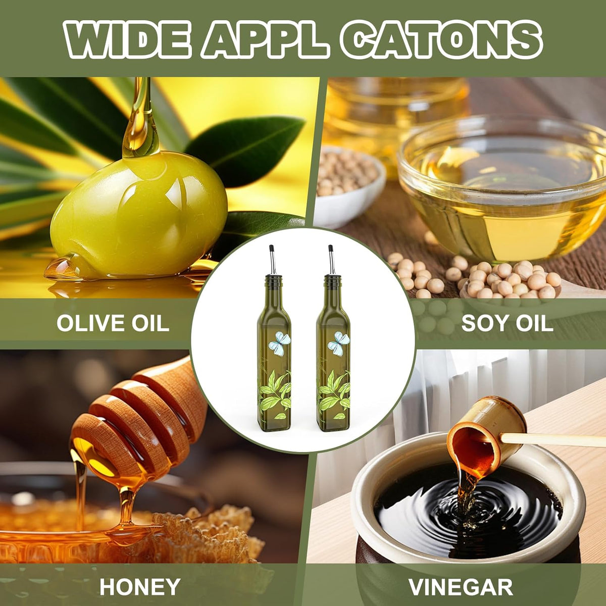 Oil and Vinegar Dispenser Set - 17oz/500ML Premium Glass Olive Oil Dispenser Bottles for Kitchen, Oil Dispenser for Kitchen (Olive)