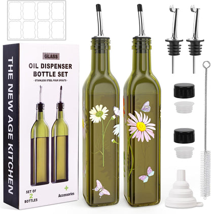 Oil and Vinegar Dispenser Set - 17oz/500ML Premium Glass Olive Oil Dispenser Bottles for Kitchen, Oil Dispenser for Kitchen (Olive)
