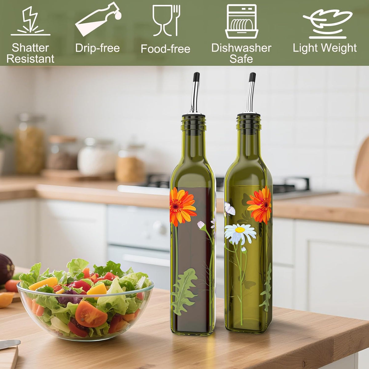 Oil and Vinegar Dispenser Set - 17oz/500ML Premium Glass Olive Oil Dispenser Bottles for Kitchen, Oil Dispenser for Kitchen (Olive)