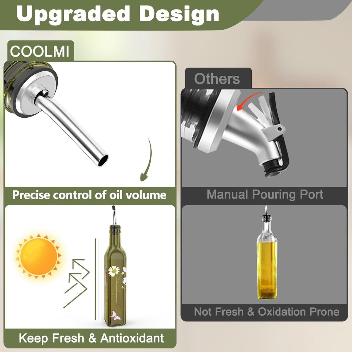 Oil and Vinegar Dispenser Set - 17oz/500ML Premium Glass Olive Oil Dispenser Bottles for Kitchen, Oil Dispenser for Kitchen (Olive)