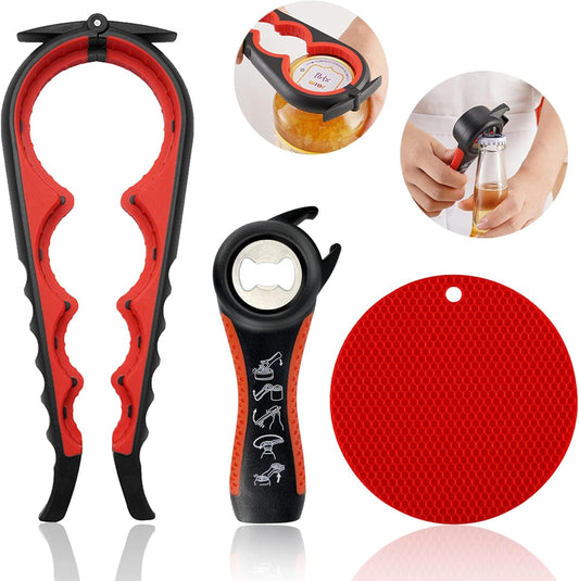 Jar Opener for Weak Hands, Seniors with Arthritis, 3 in 1 Multi Function Bottle Opener Lid Opener For Arthritic Hands with Non Slip Rubber Jar opener Gripper Pad (Red)