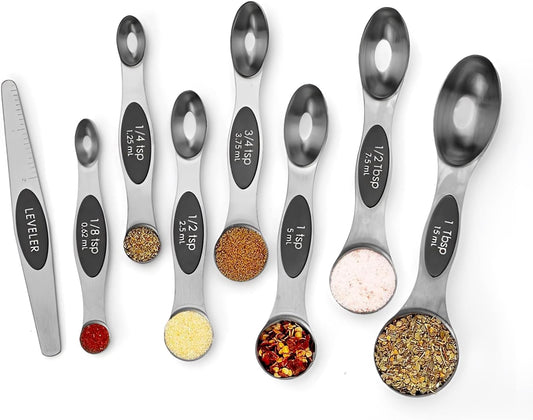 Magnetic Stainless Steel Measuring Spoons Set(Black-8 Pcs) | Stackable Dual Sided Nesting Teaspoons and Tablespoons for Measuring Dry and Liquid Ingredients