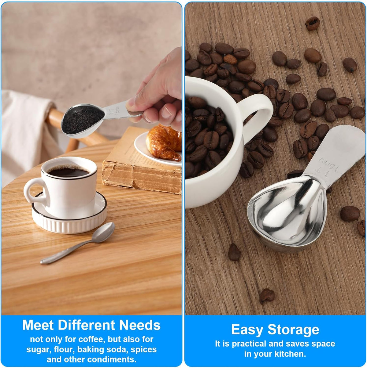 3pcs Coffee Scoop Tablespoon Metal Measuring Spoon, sliver 15ml