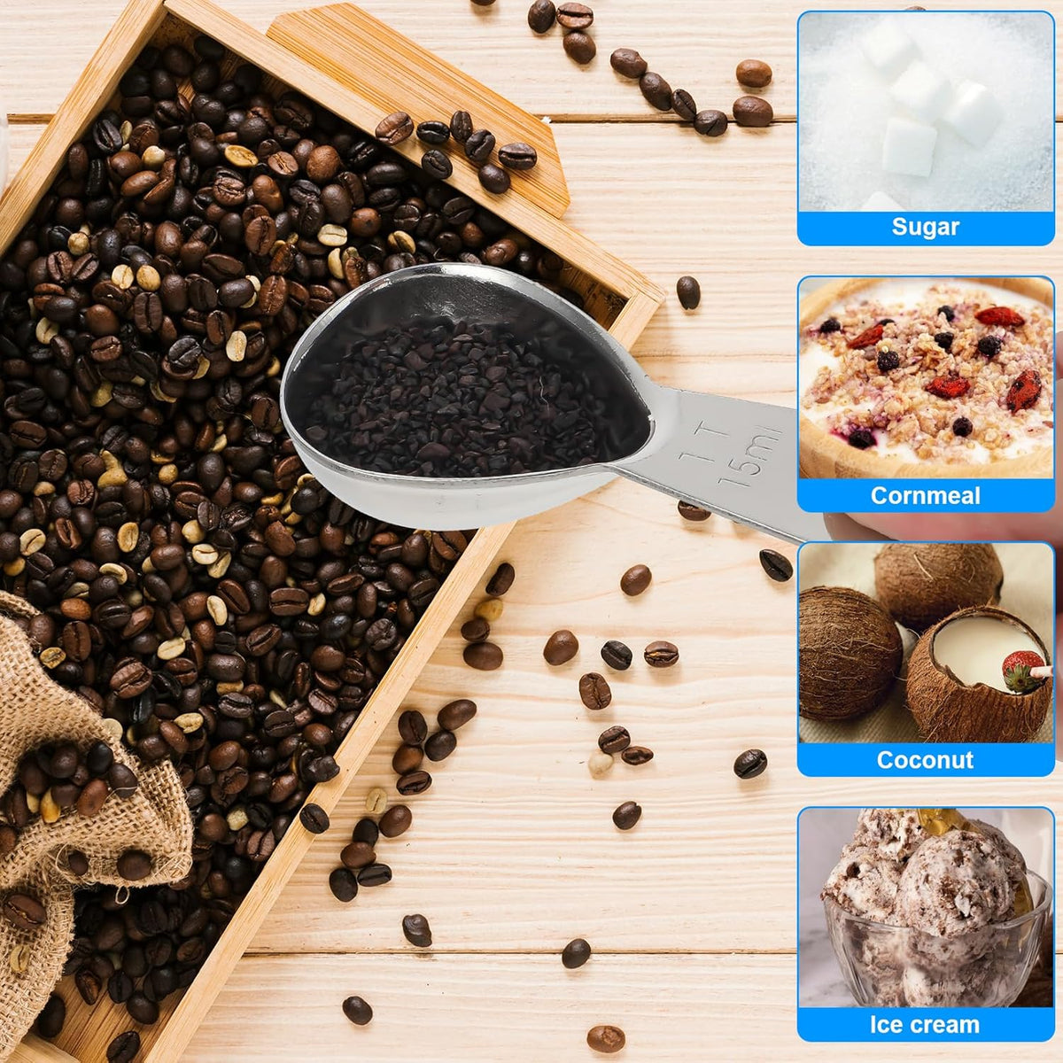 3pcs Coffee Scoop Tablespoon Metal Measuring Spoon, sliver 15ml