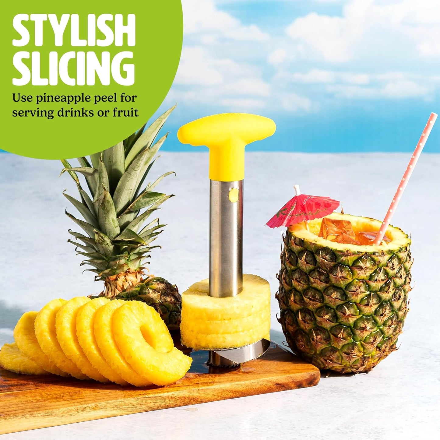 Pineapple Slicer, Stainless Steel with Non-Slip Handle, Cores & Slices Pineapples into Even Rings in Seconds, Easy to Use, Yellow