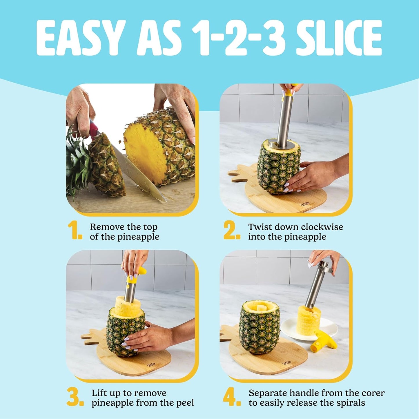 Pineapple Slicer, Stainless Steel with Non-Slip Handle, Cores & Slices Pineapples into Even Rings in Seconds, Easy to Use, Yellow