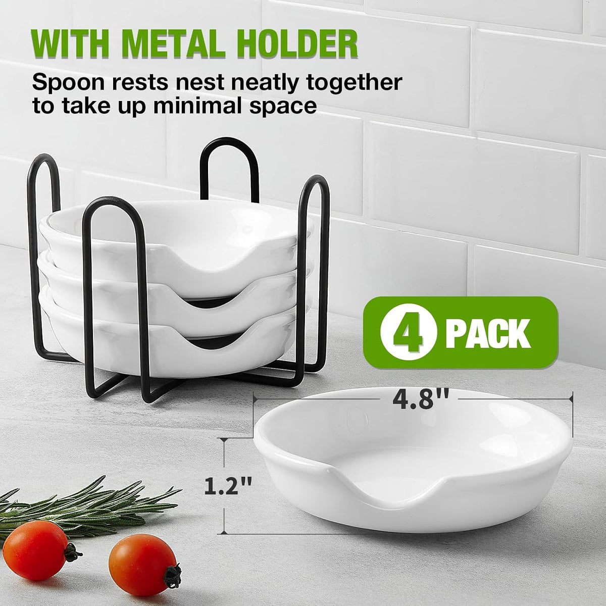 4 Pack Ceramic Spoon Rest with Metal Holder, 4.8 inch Spoon Holder for Kitchen, for Stove Top, Coffee Spoons, Ladles, Tong, Cooking Utensil Rest, Housewarming Gifts