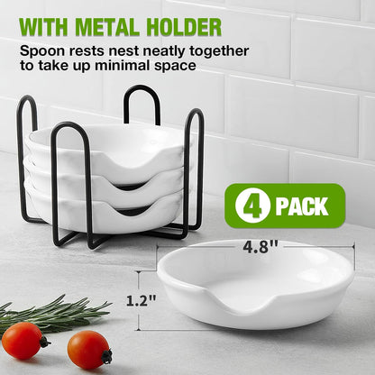 4 Pack Ceramic Spoon Rest with Metal Holder, 4.8 inch Spoon Holder for Kitchen, for Stove Top, Coffee Spoons, Ladles, Tong, Cooking Utensil Rest, Housewarming Gifts