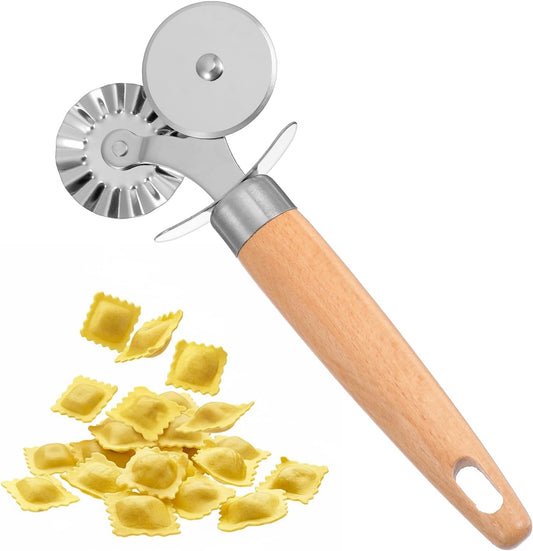Double Wheel Pastry Cutter with Premium Wooden Handle, Stainless Steel Dual-Head Ravioli & Pasta Cutter for Pizza, Cookies, and Pasta, Multipurpose Baking Tool for Kitchen