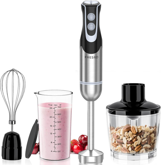 Immersion Blender Handheld, 4-In-1 Hand Blender with 12-Speeds & Turbo Mode | 500W Emulsion Blender, Egg Whisk, 24oz Beaker & Chopper Bowl, Stick Mixer for Baby Food, Smoothies, Soups & Sauces