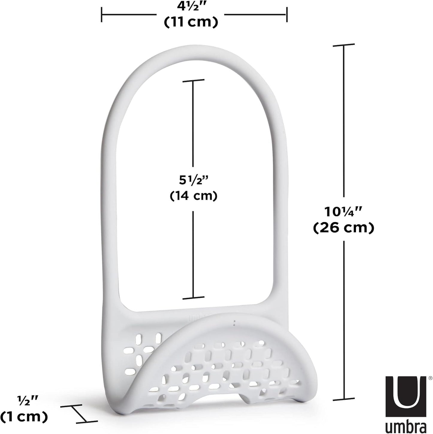 Sling Flexible Sink Caddy, Elastic Non-Slip Sponge Holder, White | Rubber material, perforated base for drainage, prevents moisture buildup, fits faucet necks, easy rinse clean