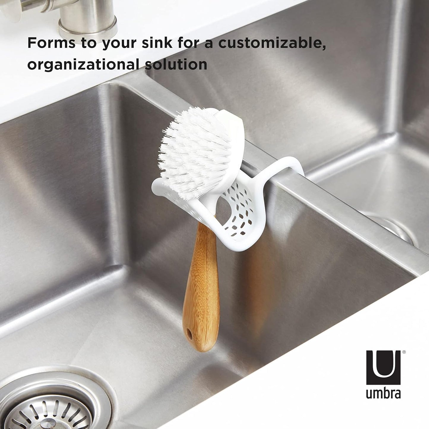Sling Flexible Sink Caddy, Elastic Non-Slip Sponge Holder, White | Rubber material, perforated base for drainage, prevents moisture buildup, fits faucet necks, easy rinse clean