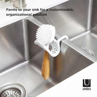 Sling Flexible Sink Caddy, Elastic Non-Slip Sponge Holder, White | Rubber material, perforated base for drainage, prevents moisture buildup, fits faucet necks, easy rinse clean