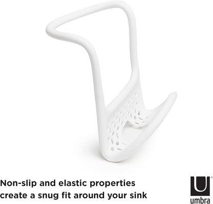Sling Flexible Sink Caddy, Elastic Non-Slip Sponge Holder, White | Rubber material, perforated base for drainage, prevents moisture buildup, fits faucet necks, easy rinse clean