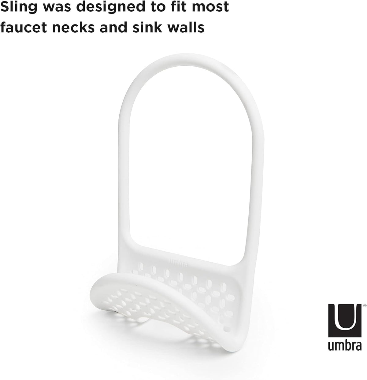 Sling Flexible Sink Caddy, Elastic Non-Slip Sponge Holder, White | Rubber material, perforated base for drainage, prevents moisture buildup, fits faucet necks, easy rinse clean
