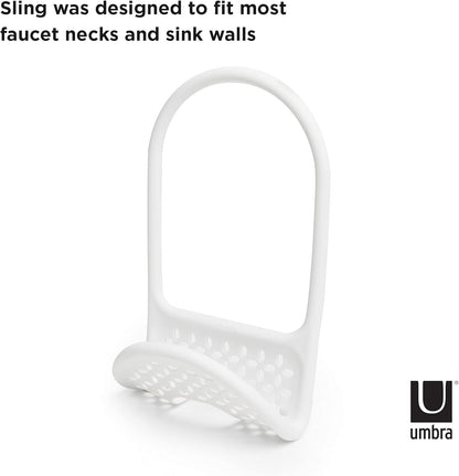 Sling Flexible Sink Caddy, Elastic Non-Slip Sponge Holder, White | Rubber material, perforated base for drainage, prevents moisture buildup, fits faucet necks, easy rinse clean