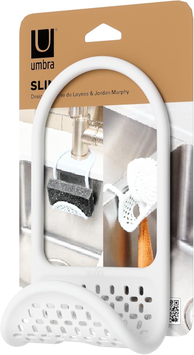 Sling Flexible Sink Caddy, Elastic Non-Slip Sponge Holder, White | Rubber material, perforated base for drainage, prevents moisture buildup, fits faucet necks, easy rinse clean