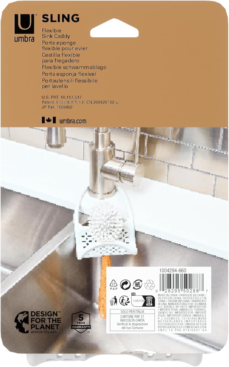 Sling Flexible Sink Caddy, Elastic Non-Slip Sponge Holder, White | Rubber material, perforated base for drainage, prevents moisture buildup, fits faucet necks, easy rinse clean
