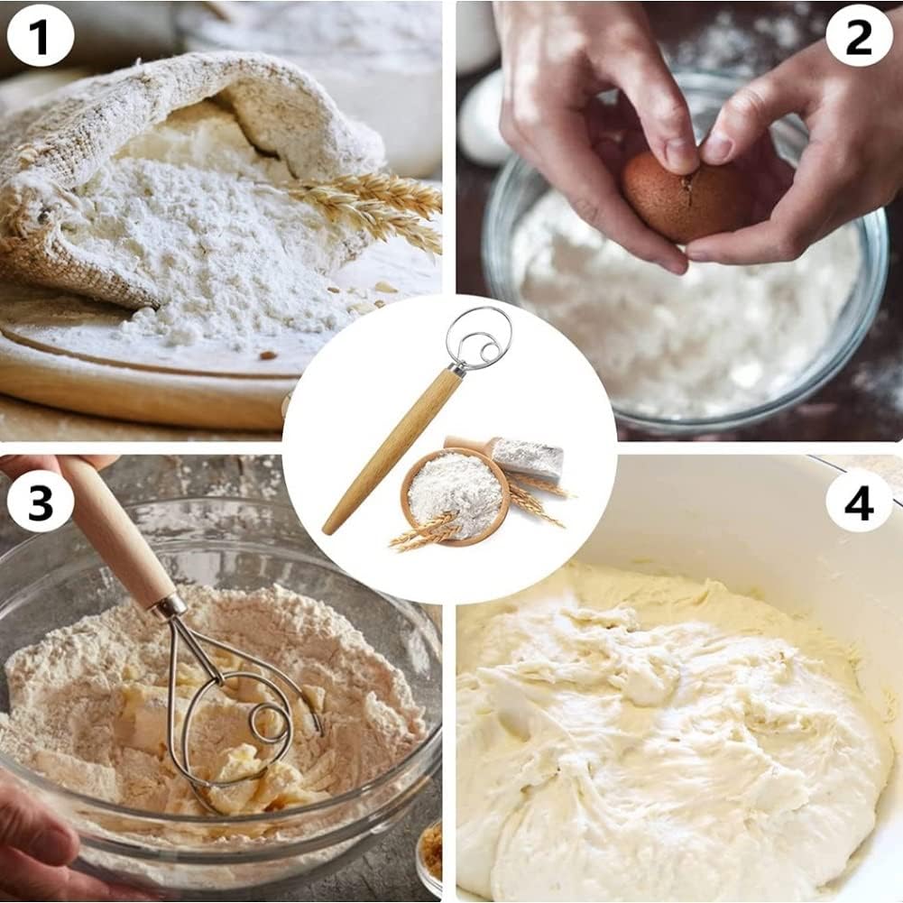 Danish Dough Whisk 13" Stainless Steel Bread Whisk Bread Making Tools Danish Dough Hook Bread Dough Mixer Hand Bread Dough Whisk for Pastry, Baking Cake, Dessert, Sourdough, Pizza, with Wooden Handle
