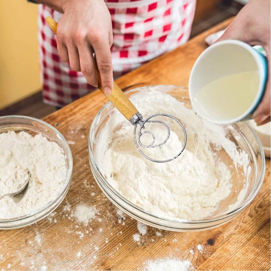 Danish Dough Whisk 13" Stainless Steel Bread Whisk Bread Making Tools Danish Dough Hook Bread Dough Mixer Hand Bread Dough Whisk for Pastry, Baking Cake, Dessert, Sourdough, Pizza, with Wooden Handle
