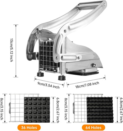 Stainless Steel Potato Slicer & French Fry Cutter - 2 Blades (1/2" & 1/3") for Homemade Fries, Non-Slip Suction Base, Easy Chip & Sweet Potato Maker (Silver)