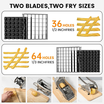 Stainless Steel Potato Slicer & French Fry Cutter - 2 Blades (1/2" & 1/3") for Homemade Fries, Non-Slip Suction Base, Easy Chip & Sweet Potato Maker (Silver)