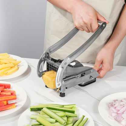 Stainless Steel Potato Slicer & French Fry Cutter - 2 Blades (1/2" & 1/3") for Homemade Fries, Non-Slip Suction Base, Easy Chip & Sweet Potato Maker (Silver)