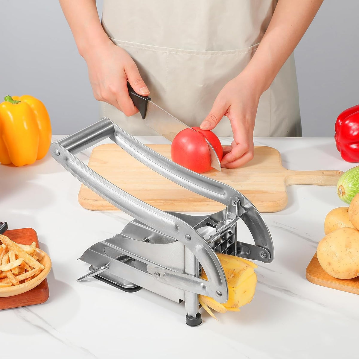 Stainless Steel Potato Slicer & French Fry Cutter - 2 Blades (1/2" & 1/3") for Homemade Fries, Non-Slip Suction Base, Easy Chip & Sweet Potato Maker (Silver)