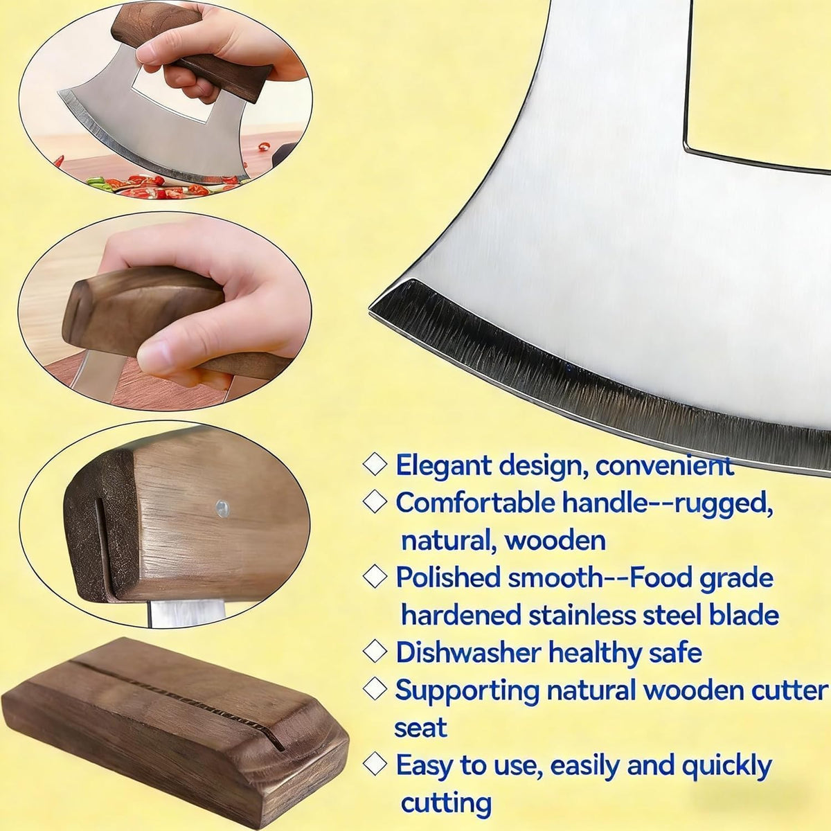 Pizza Cutter Chef Ulu Knife Handle Color Grip (walnut wood, 5.2inch)