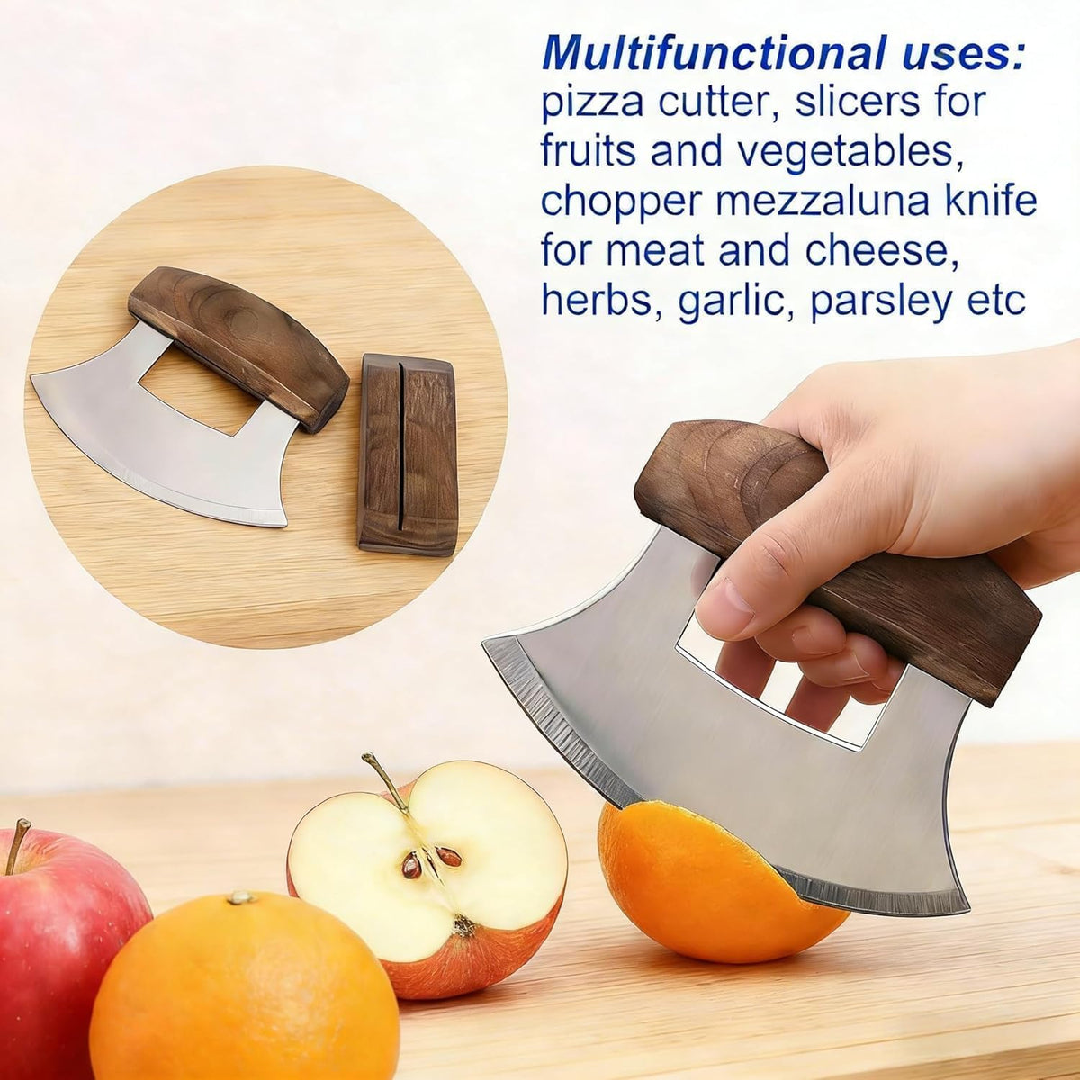 Pizza Cutter Chef Ulu Knife Handle Color Grip (walnut wood, 5.2inch)