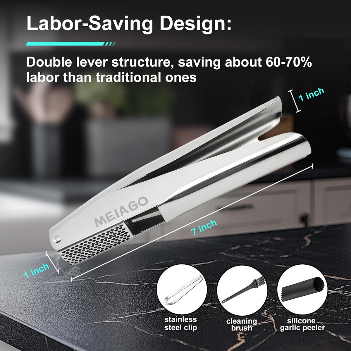 Garlic Press, Stainless Steel Garlic & Ginger Crusher, with Built-In Cleaner, Rust Resistant, No Peel, Large Capacity, Easy Clean，Dishwasher Safe，Silver