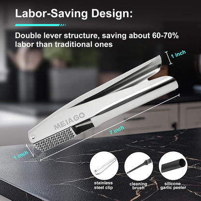 Garlic Press, Stainless Steel Garlic & Ginger Crusher, with Built-In Cleaner, Rust Resistant, No Peel, Large Capacity, Easy Clean，Dishwasher Safe，Silver