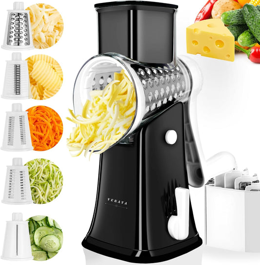 5 in 1 Rotary Cheese Grater Hand Crank, Cheese Shredder with Handle | Replaceable Stainless Blades Cheese Shredder, Cheese Vegetable Slicer, Easy to Clean Kitchen Gadgets with Storage Box