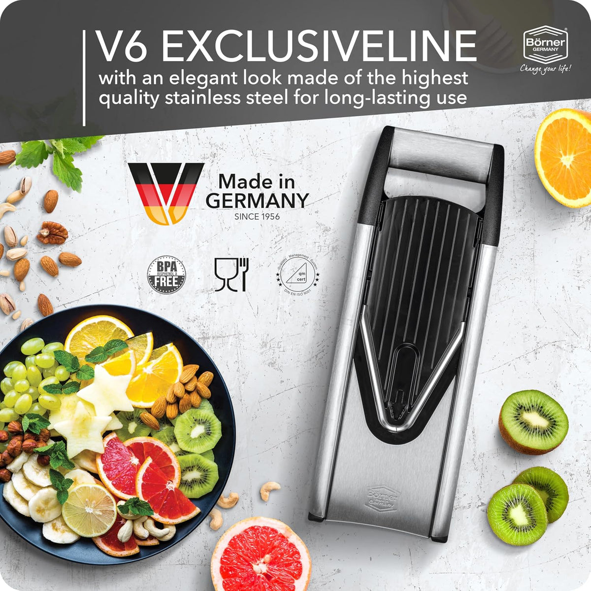 by Reston Lloyd Mandoline Slicer V6 (Starter Set) • Stainless Steel Slicer with V-Blade • Adjustable Kitchen Slicer for Vegetables & Fruits • Various Thicknesses & Grater