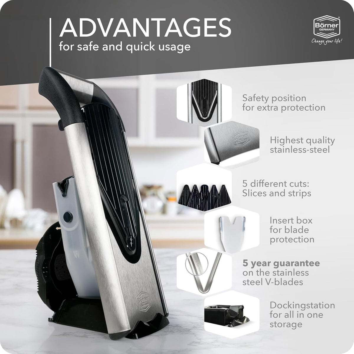 by Reston Lloyd Mandoline Slicer V6 (Starter Set) • Stainless Steel Slicer with V-Blade • Adjustable Kitchen Slicer for Vegetables & Fruits • Various Thicknesses & Grater