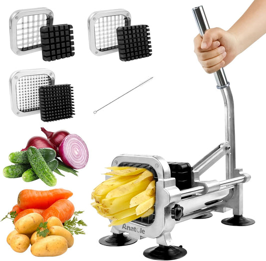 Professional French Fry Cutter Stainless Steel with 1/4'' 3/8'' 1/2'' Blades Manual Potato Slicer Veggie Chopper Homestyle Dicer for Onions Carrots Cucumbers