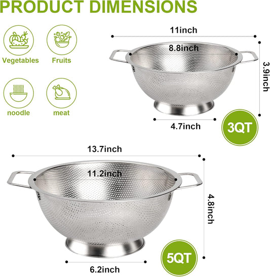 Colander Stainless Steel 3-Quart, Strainer Kitchen, Dishwasher Safe