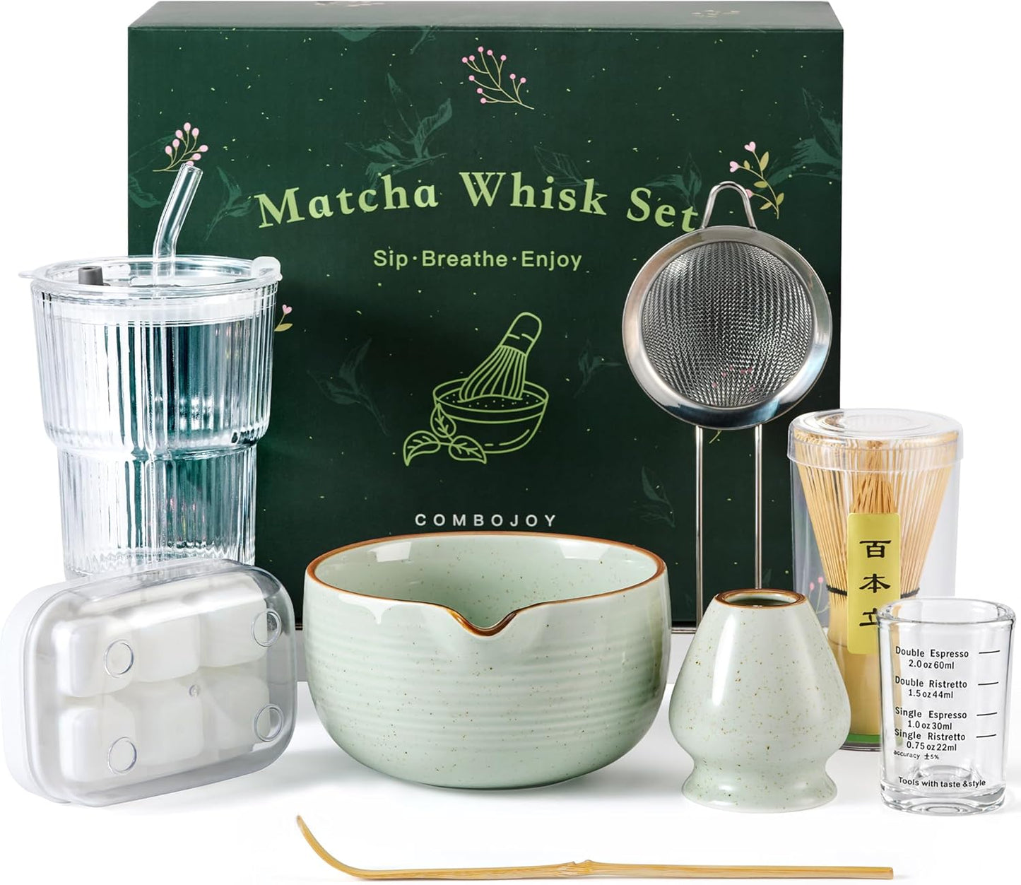 Matcha Whisk Set, Complete Matcha Kit with Bowl, Bamboo Whisk & Holder, Scoop, Sifter, Glass Cup with Lid & Straw, Ice Cube Tray – Matcha Gift Set for Matcha Lovers