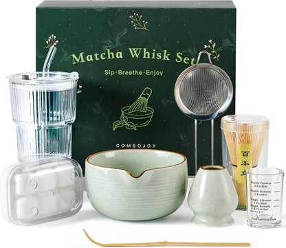 Matcha Whisk Set, Complete Matcha Kit with Bowl, Bamboo Whisk & Holder, Scoop, Sifter, Glass Cup with Lid & Straw, Ice Cube Tray – Matcha Gift Set for Matcha Lovers