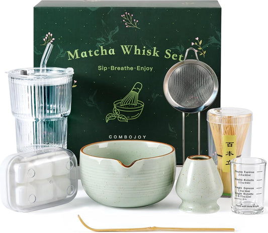 Matcha Whisk Set, Complete Matcha Kit with Bowl, Bamboo Whisk & Holder, Scoop, Sifter, Glass Cup with Lid & Straw, Ice Cube Tray – Matcha Gift Set for Matcha Lovers